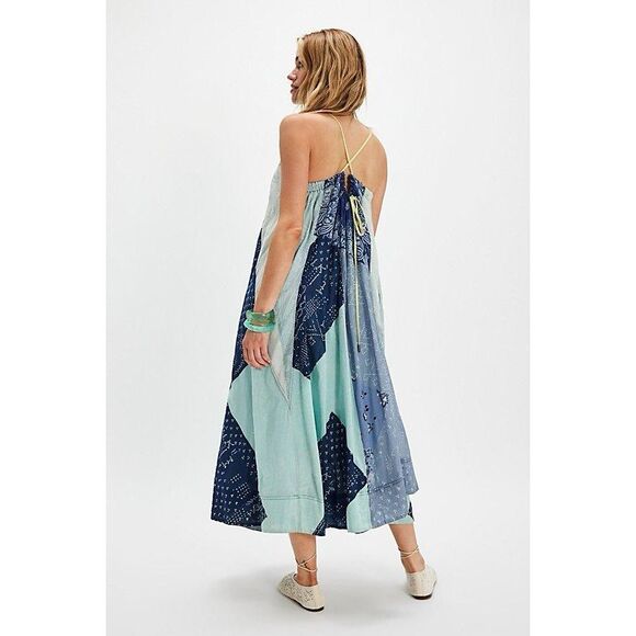NWT Free People Womens Patchwork Halter Happy Days Maxi Dress Indigo Combo M/L - Picture 4 of 16